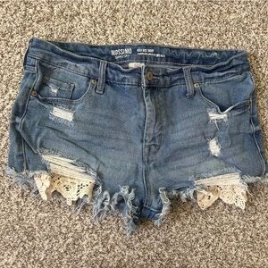 Mossimo Supply Co. High Rise Blue Lace Trim Jean Shorts Casual Denim Distressed